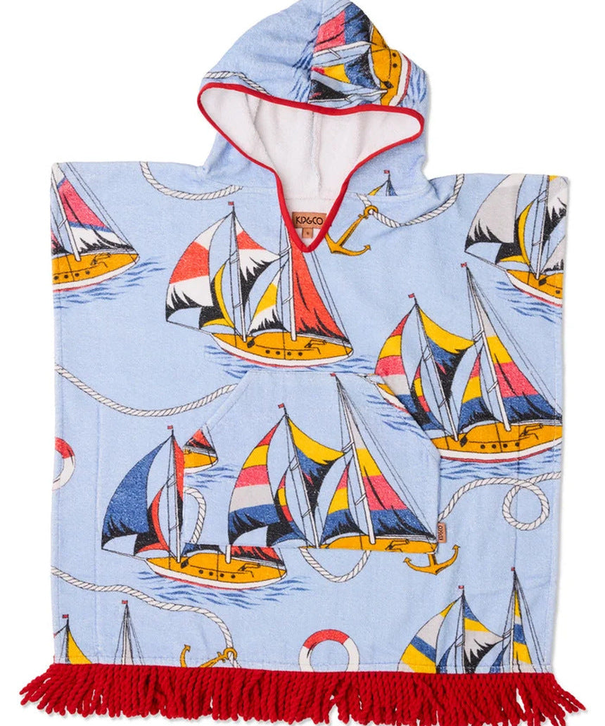 Kip&Co printed kids terry poncho featuring a sailor-inspired design, soft terry fabric, perfect for children’s casual wear.