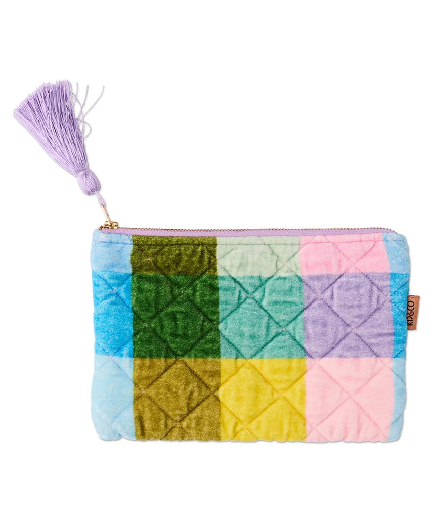 Kip&Co velvet cosmetics purse in Sorbet Tartan with a soft, plush texture and compact design for makeup storage.
