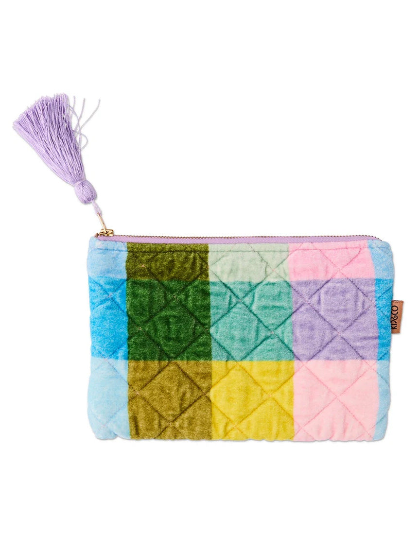 Kip&Co velvet cosmetics purse in Sorbet Tartan with a soft, plush texture and compact design for makeup storage.