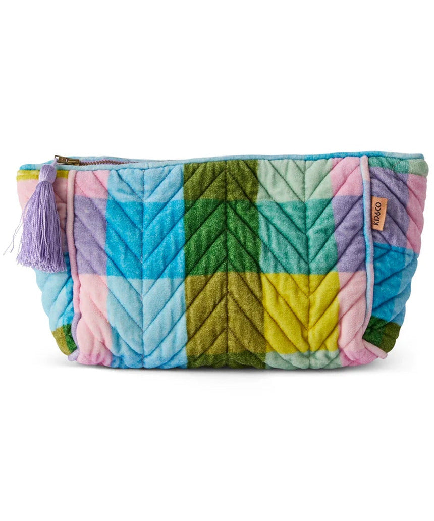 Kip&Co velvet toiletry bag in Sorbet Tartan pattern with zipper closure and soft fabric, perfect for travel accessories.