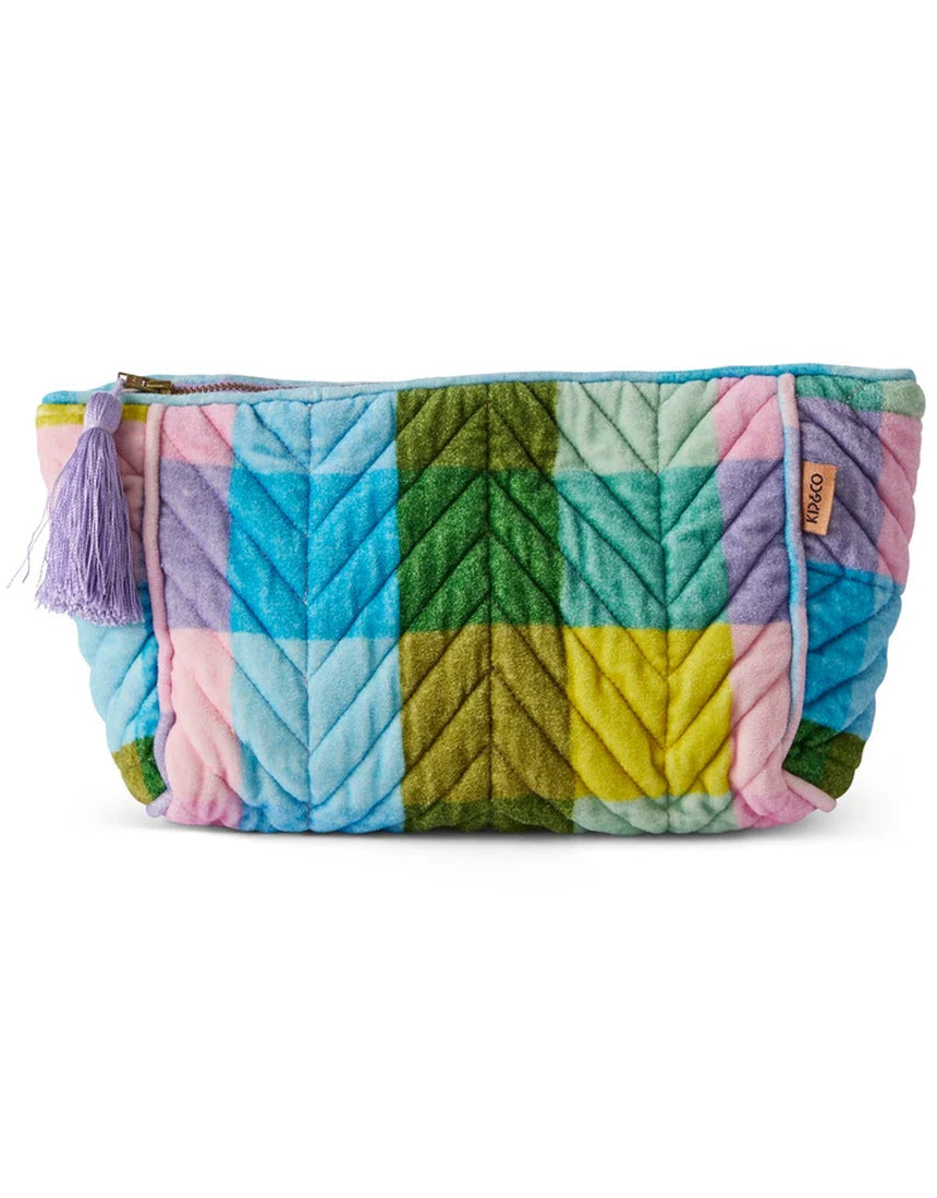 Kip&Co velvet toiletry bag in Sorbet Tartan pattern with zipper closure and soft fabric, perfect for travel accessories.
