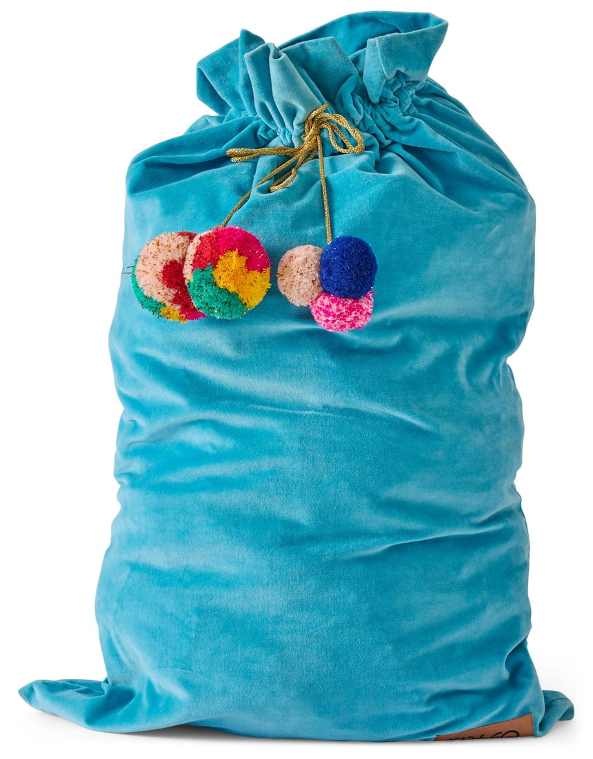 Kip & Co Blue Bells velvet Santa sack in blue Christmas decoration design