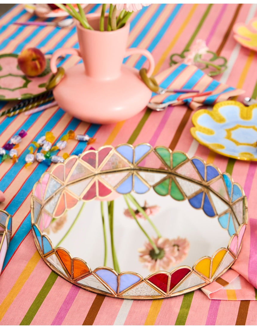 Kip & Co Bon Bon round tray in colorful patterned design, viewed from above