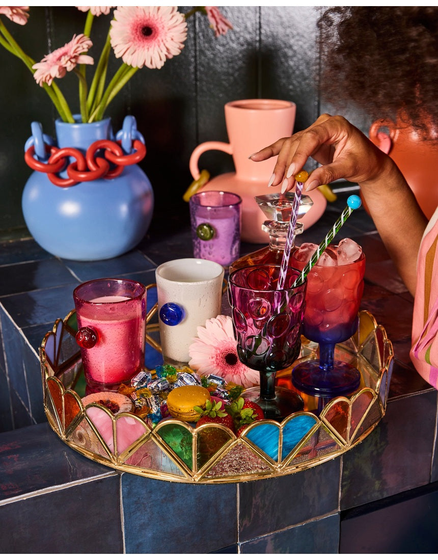 Kip & Co Bon Bon round tray in colorful patterned design for serving snacks and drinks