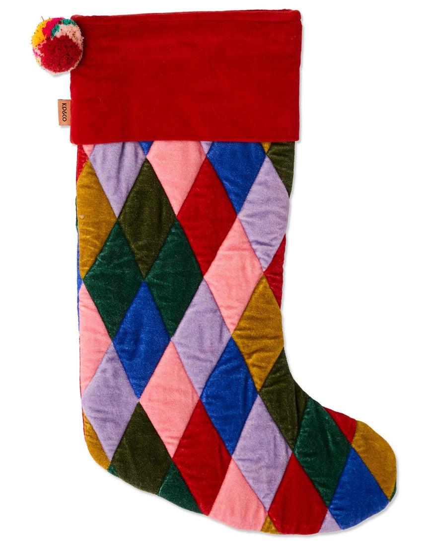 Kip & Co Jolly Christmas Harlequin velvet stocking in colorful diamond pattern