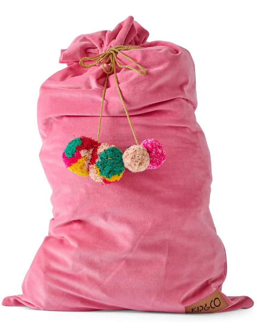 Kip & Co Pinky Velvet Santa Sack in pink velvet fabric for Christmas decorations