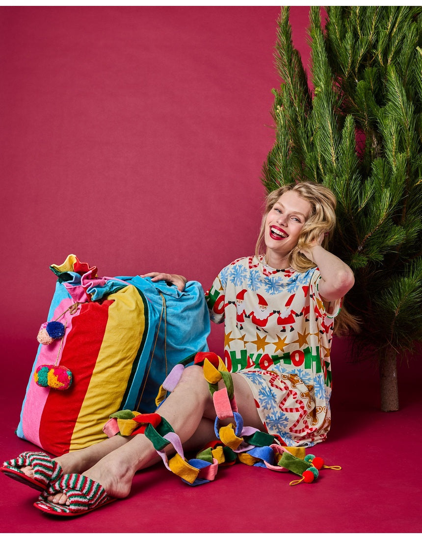 Kip & Co Rainbow Joy velvet Santa sack with colorful rainbow design for Christmas decorations