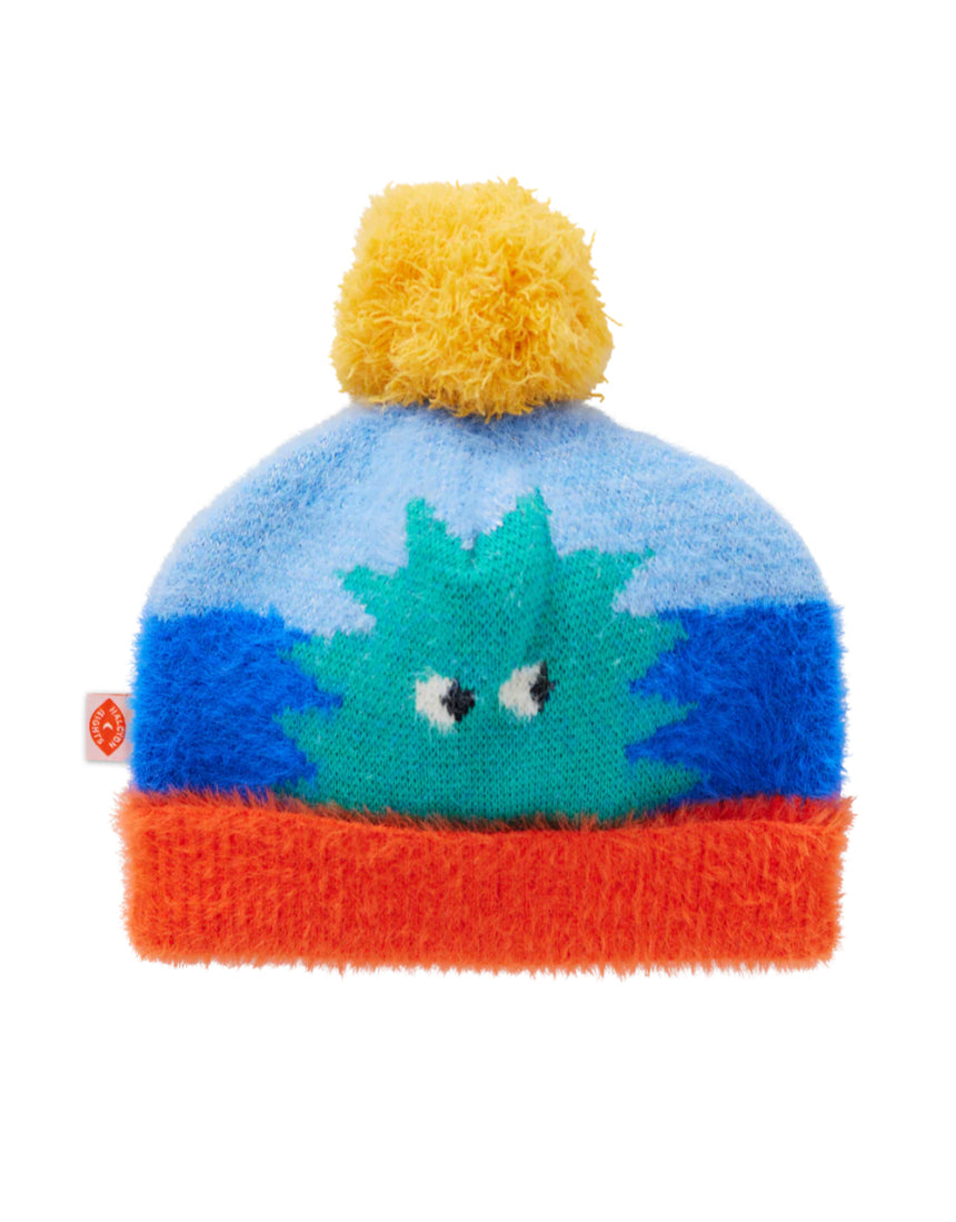 Halcyon Nights Mount Wiggly knit beanie hat shown from the back, soft yarn with colorful Wiggly design for kids' warmth and style.