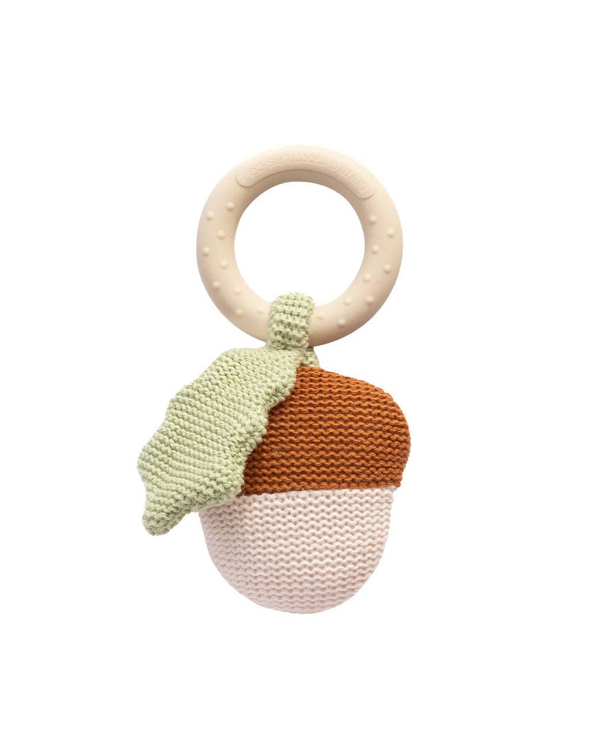 Living Textiles Acorn Teething Ring Rattle in Whimsical Wonderland, soft fabric baby teether with rattling sounds and cute acorn design.