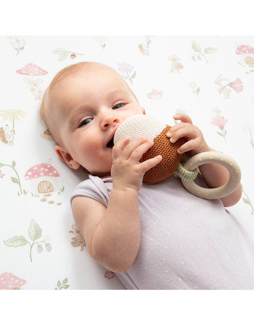 Living Textiles Acorn Teething Ring Rattle for babies, featuring whimsical Wonderland design, soft, safe, and easy to hold.