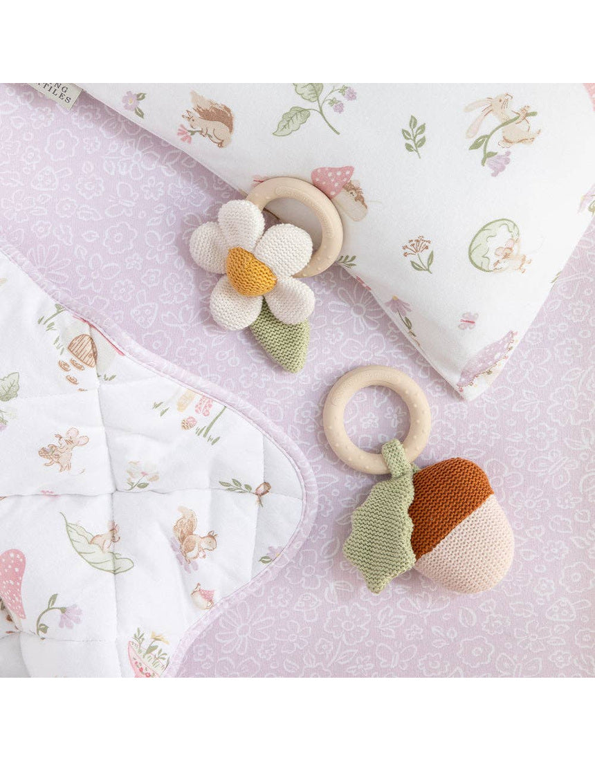 Living Textiles Acorn Teething Ring Rattle from Whimsical Wonderland collection, soft fabric baby teether and rattle with whimsical design.