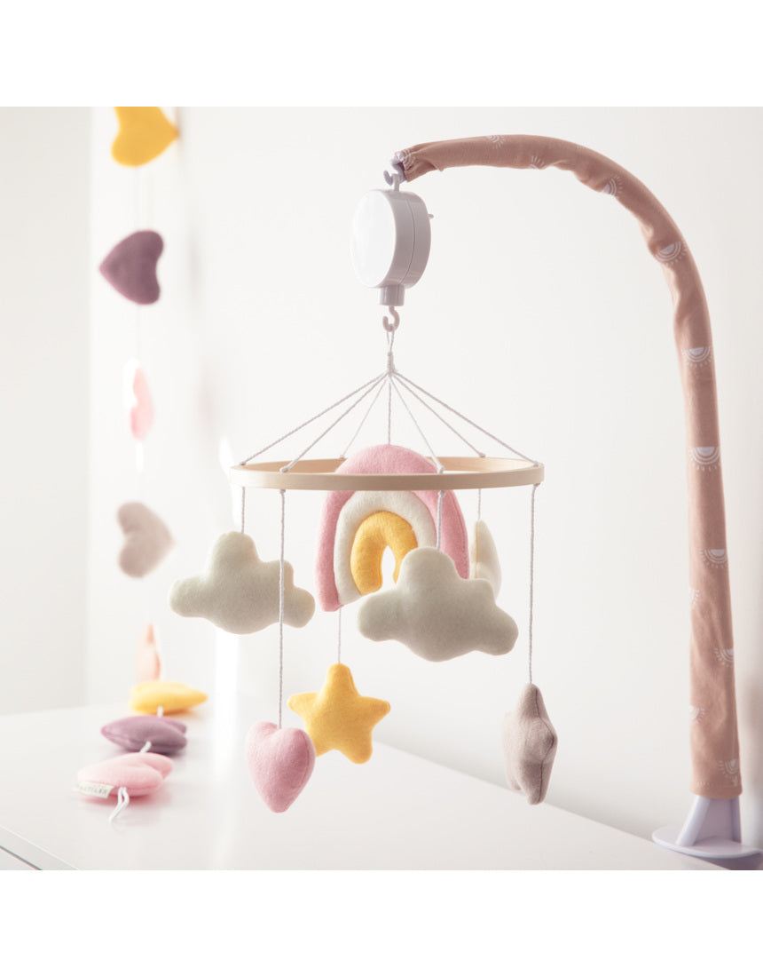 Living Textiles Felt Heart Bunting in Bohemian Bliss, soft nursery decor with colorful felt hearts hanging on a string.
