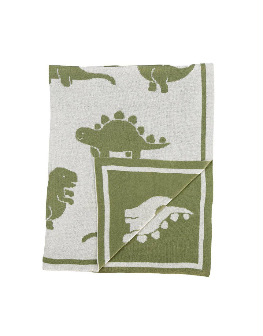 Living Textiles knitted pram blanket in dinosaur pattern, soft and cozy baby blanket perfect for infants and strollers.