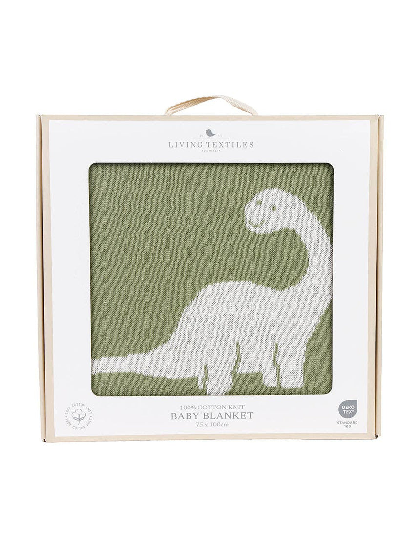 Living Textiles knitted dinosaur baby blanket with soft, cozy knit fabric for infants and prams.