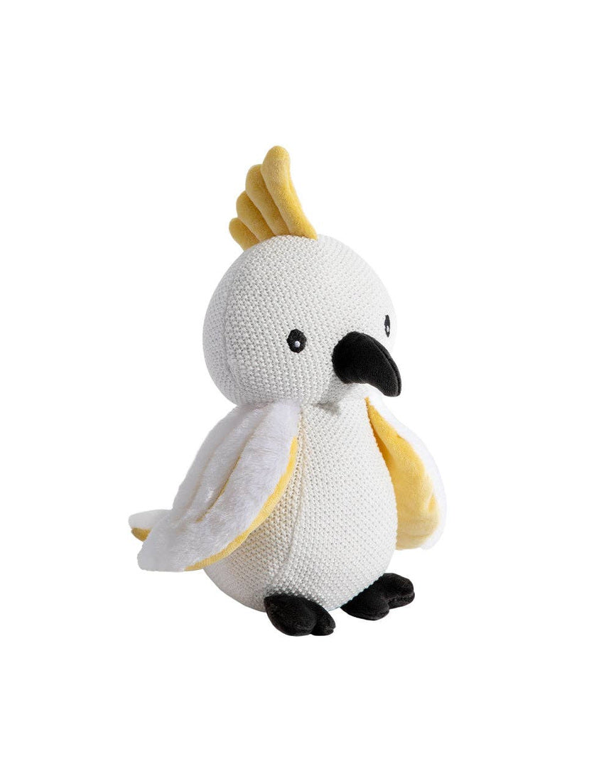 Living Textiles knitted toy Colin the Cockatoo, a soft, colorful plush bird with detailed features and textured fabric.