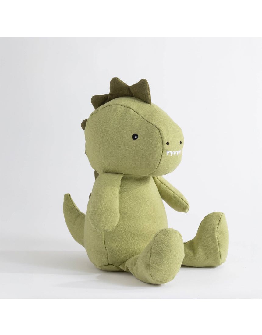 Living Textiles large linen soft toy Dennis the Dinosaur, a plush green dinosaur with textured linen fabric and friendly appearance.
