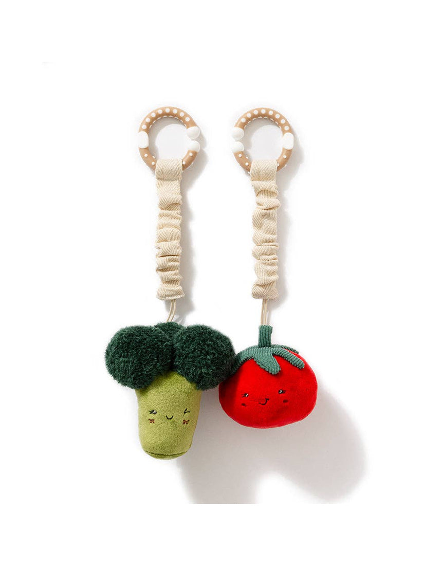 Living Textiles mini market stroller toys featuring plush broccoli and tomato, perfect for pram and stroller entertainment.