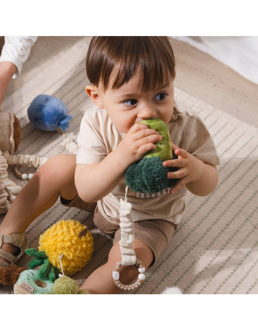 Living Textiles Mini Market Stroller Toys set featuring plush broccoli and tomato, designed for pram entertainment for babies.