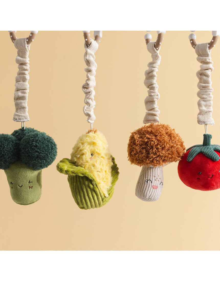 Living Textiles Mini Market Stroller Toys featuring a plush broccoli and tomato for baby entertainment and sensory play.