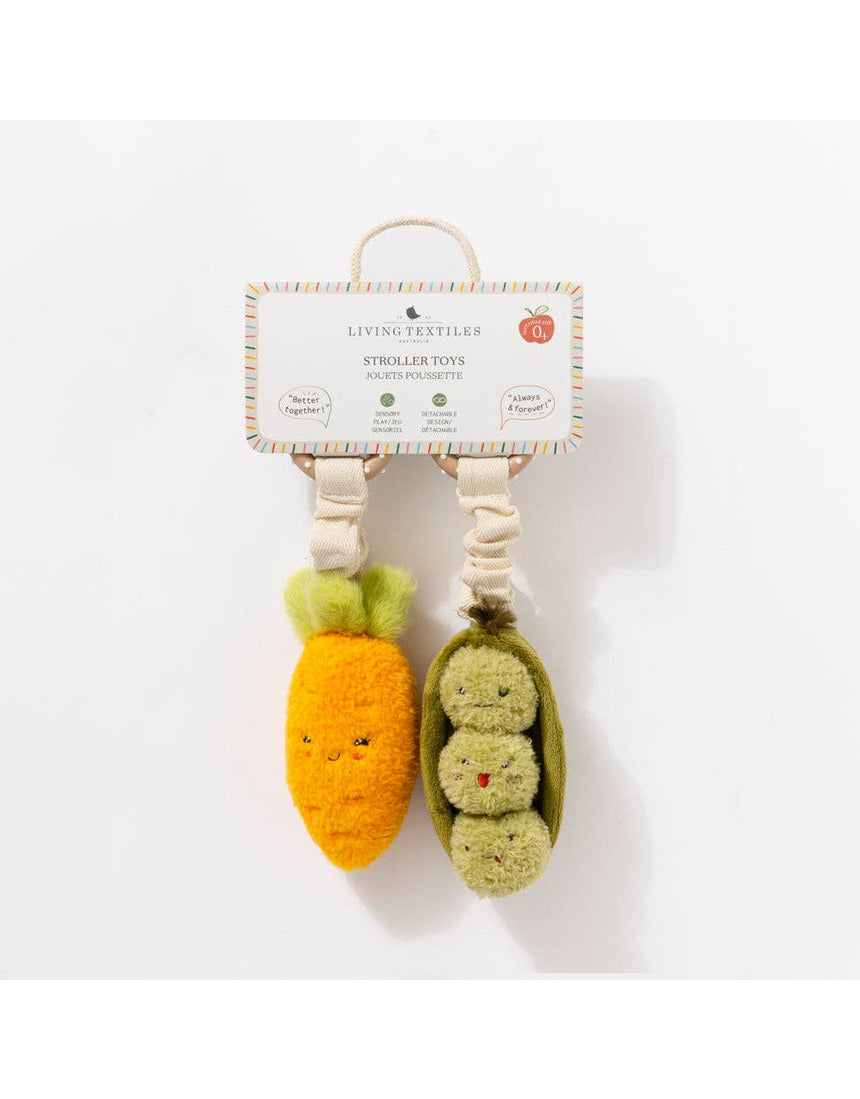 Living Textiles mini market stroller toys set with colorful carrot and green peas plush toys for pram or stroller.