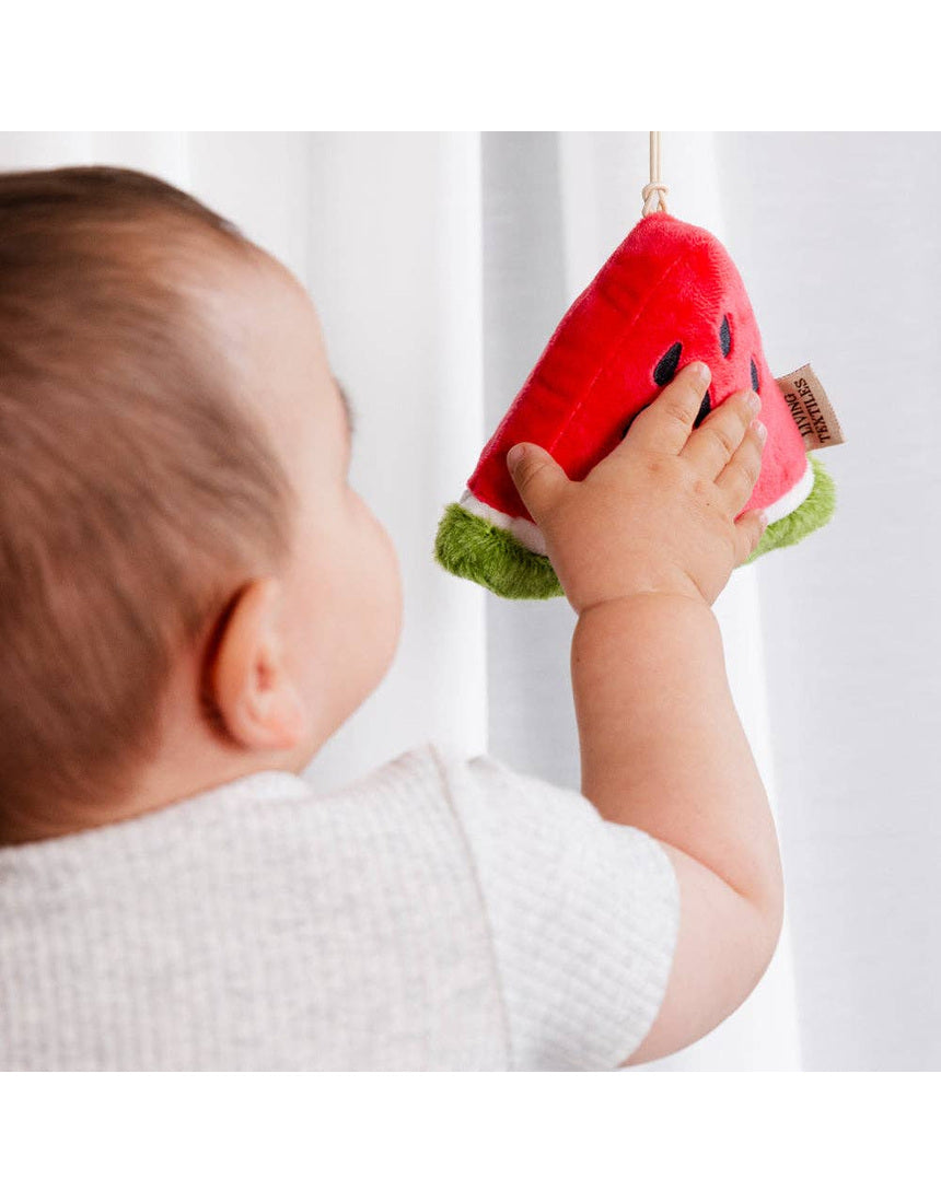 Living Textiles mini market stroller toys featuring watermelon and blueberry plush toys for baby pram or stroller decor.