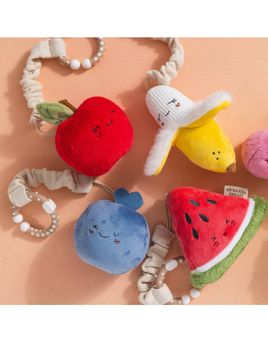 Living Textiles mini market stroller toys featuring a watermelon and blueberry design for pram and stroller decor.