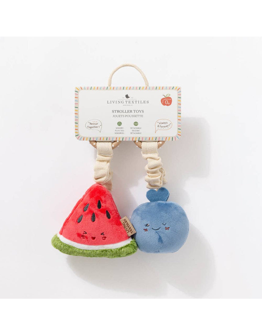 Living Textiles mini market stroller toys set featuring watermelon and blueberry plush toys for baby pram or stroller.
