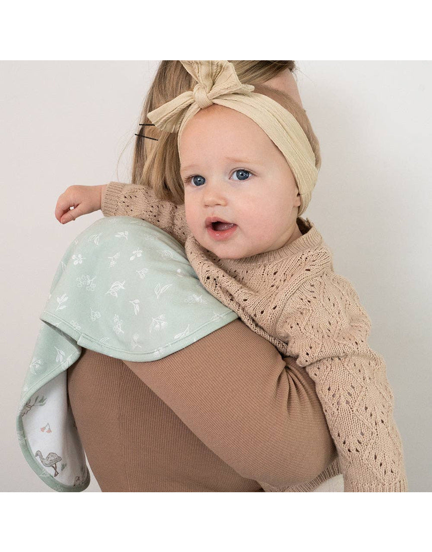 Living Textiles organic burp cloths 2-pack featuring Australiana design, soft cotton fabric ideal for baby feeding and burping.