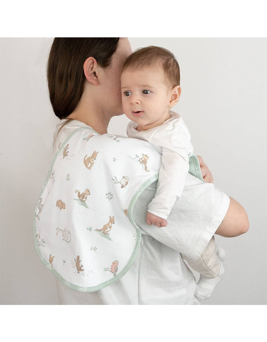 Living Textiles organic burp cloths 2-pack with Australiana print, soft cotton fabric ideal for baby care.