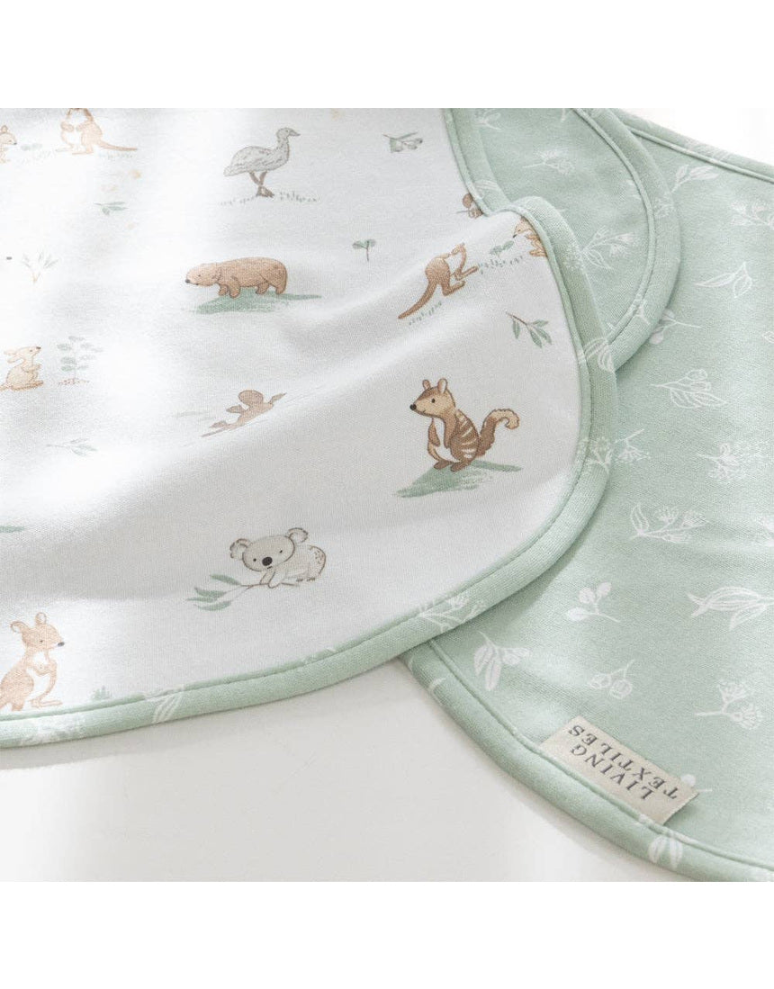 Living Textiles Organic Burp Cloths 2 Pack featuring Australiana-inspired patterns, soft cotton fabric for gentle baby care.