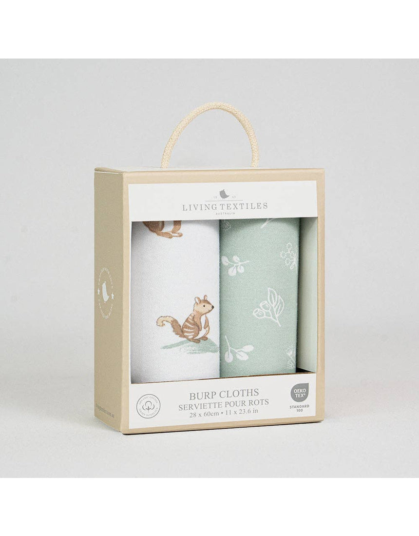 Living Textiles organic burp cloths 2-pack with Australiana print, soft and absorbent for baby feeding and burping.