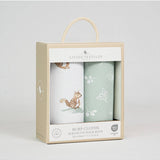 Living Textiles organic burp cloths 2-pack with Australiana print, soft and absorbent for baby feeding and burping.