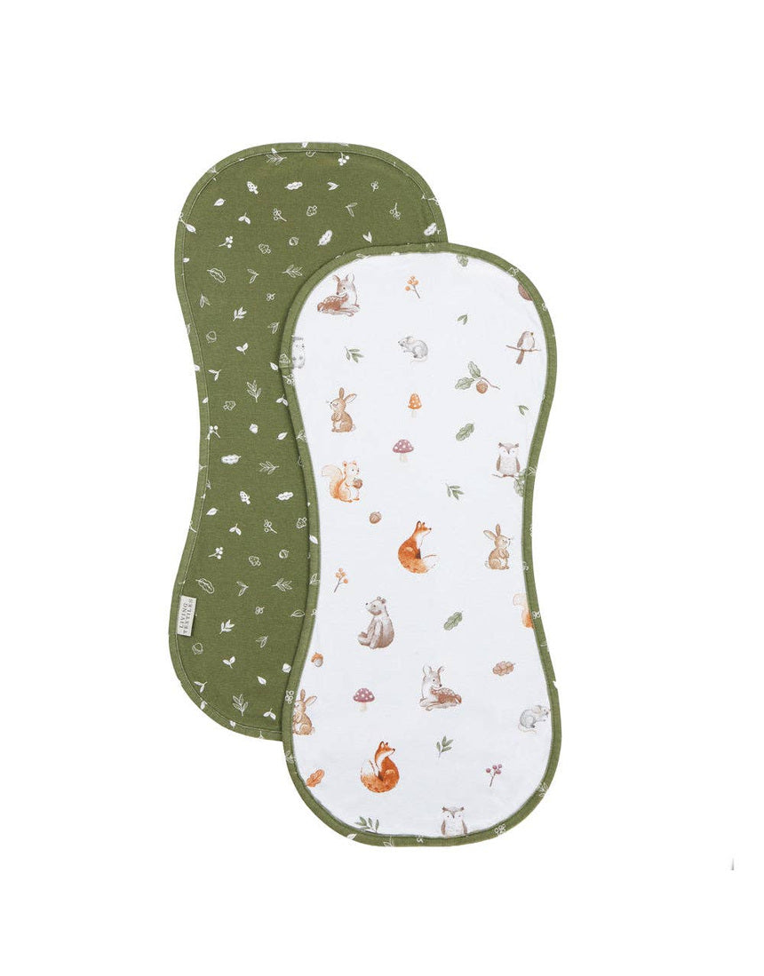 Living Textiles organic burp cloths 2-pack featuring cute fox and friends pattern, soft and absorbent for baby care.