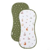 Living Textiles organic burp cloths 2-pack featuring cute fox and friends pattern, soft and absorbent for baby care.