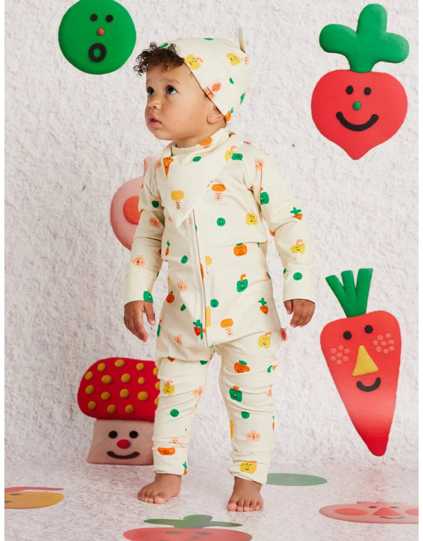 Halcyon Nights baby bib with Teeny Tiny Veg print, featuring colorful vegetable illustrations and a soft fabric for infants.
