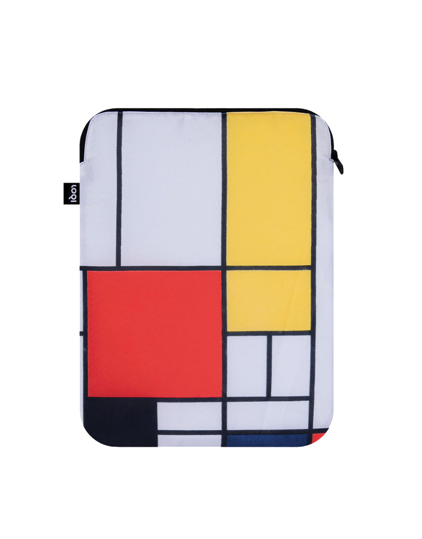 isAlbi Mondrian Composition laptop sleeve with colorful geometric design, slim protective case for laptops.