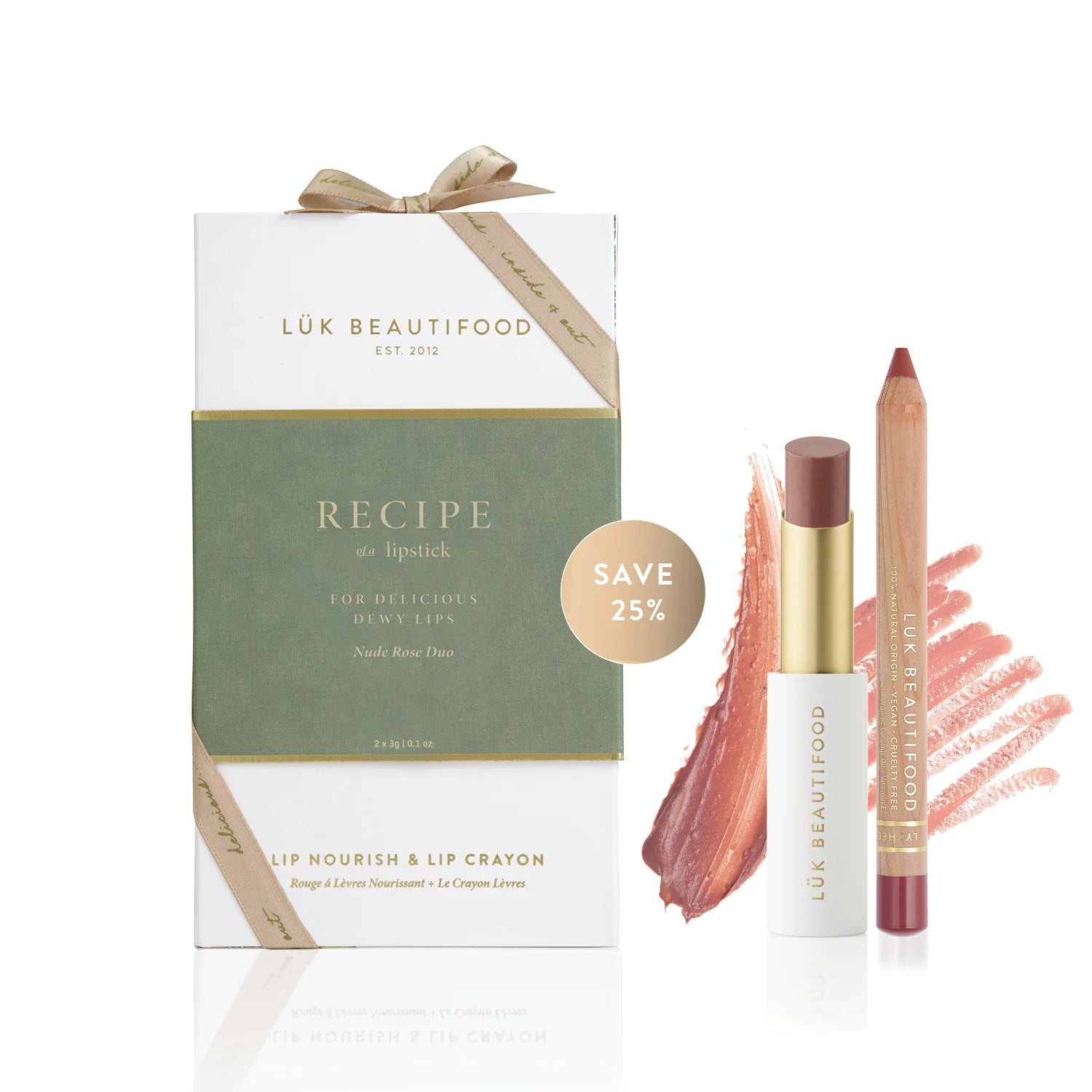 Lük Beautifood Nude Rose Duo lipstick set with two shades, displayed outdoors with holiday-themed sticker and packaging details.