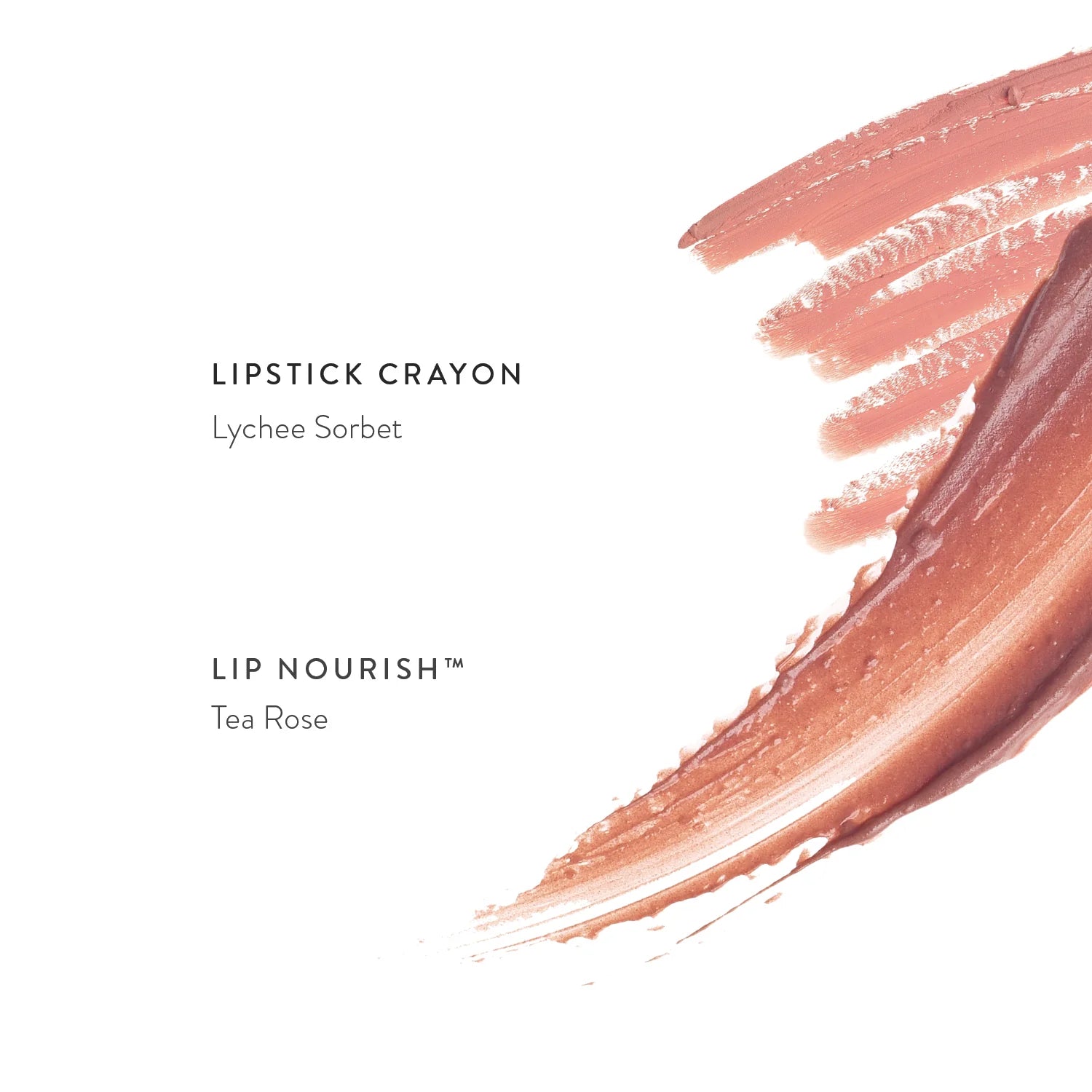Lük Beautifood Nude Rose Duo lipstick swatches with shades Lychee Sorbet and Tea Rose on skin.