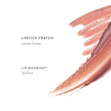 Lük Beautifood Nude Rose Duo lipstick swatches with shades Lychee Sorbet and Tea Rose on skin.