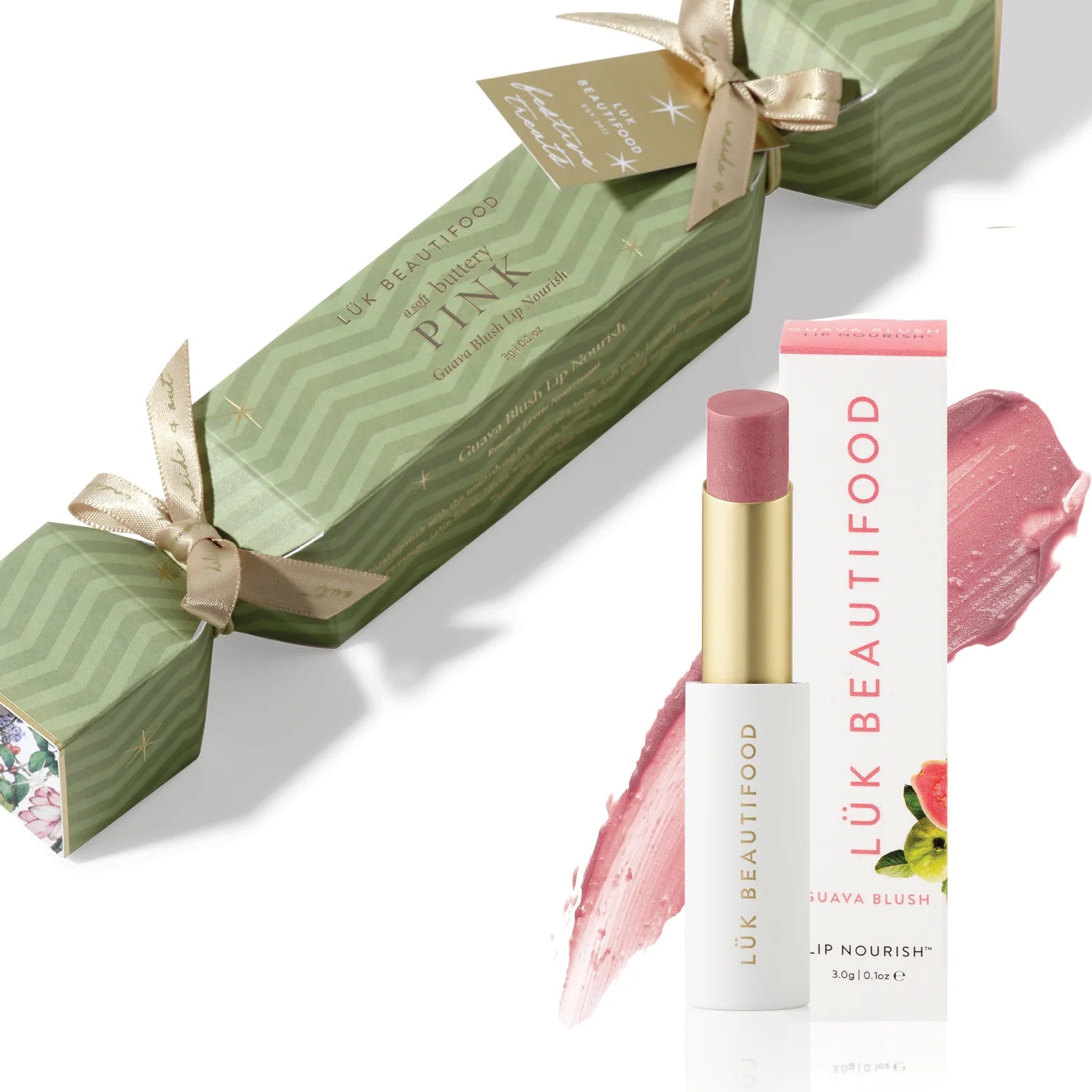Lük Beautifood Bon Bon Guava Blush Lip Nourish in soft buttery pink, displayed in a close-up image showing the product packaging.