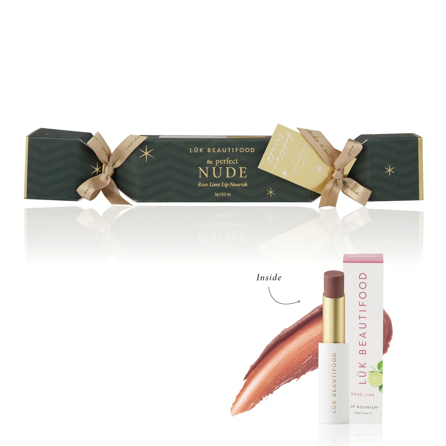 Lük Beautifood Bon Bon Rose Lime lip nourish in a boxed set, featuring natural ingredients and a nude, glossy finish.