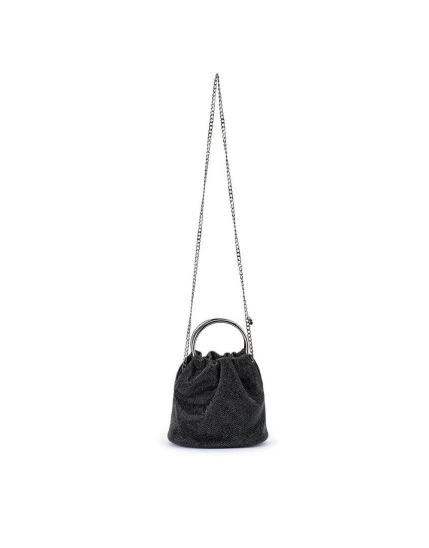 Olga Berg Mabel black crystal top handle bag with elegant design and crystal accents, perfect for formal or evening occasions.