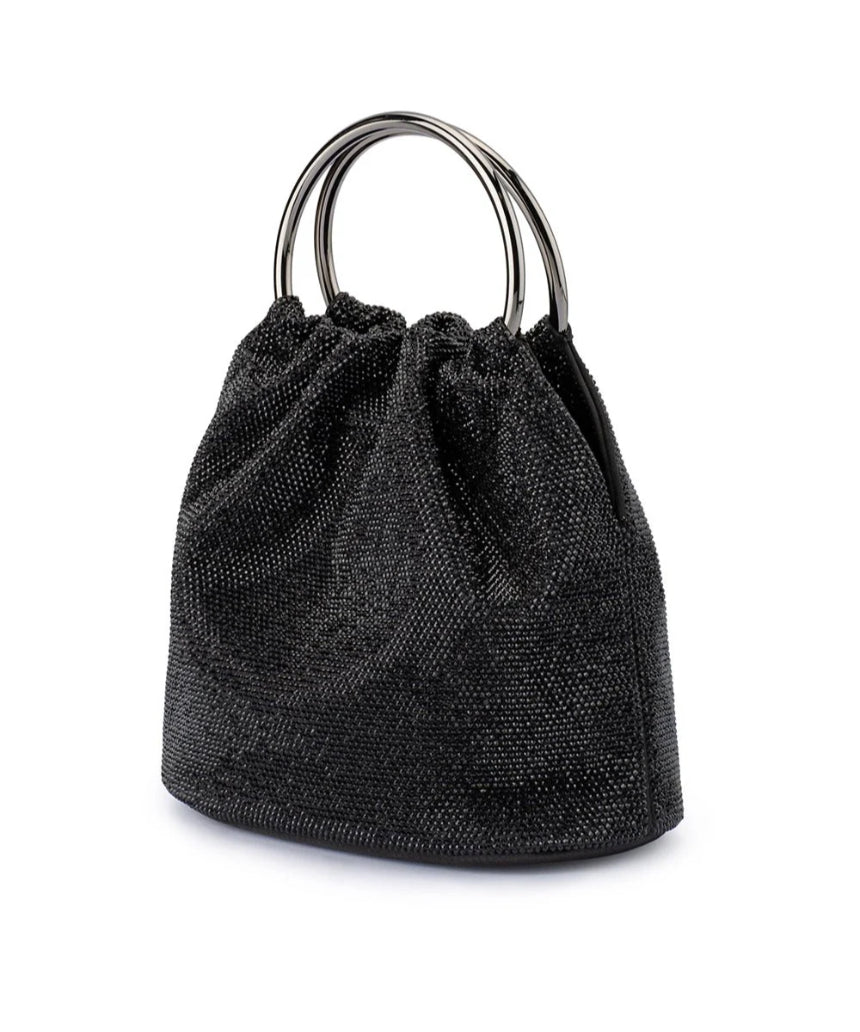Olga Berg Mabel black crystal top handle bag with elegant design and shiny crystal accents on the handle.
