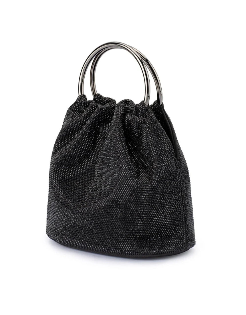 Olga Berg Mabel black crystal top handle bag with elegant design and shiny crystal accents on the handle.