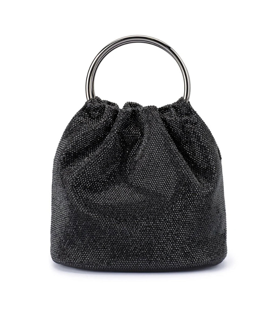 Olga Berg Mabel black crystal-top handle bag with elegant black leather and crystal accents for stylish occasions.