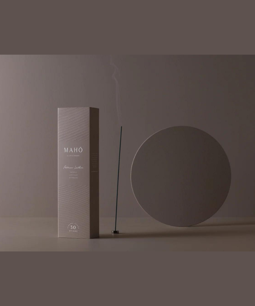 Maho Artisan Leather Incense stick holder with engraved leather design and incense stick inserted for aromatic use