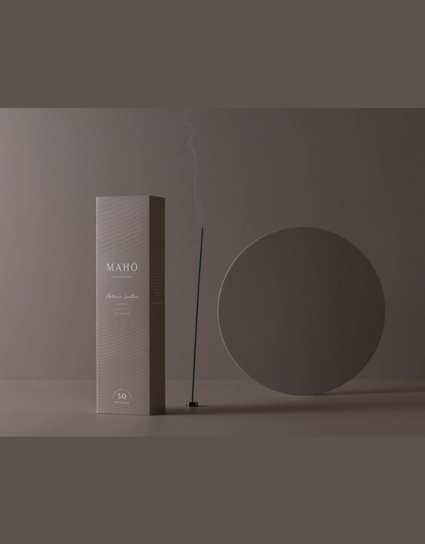 Maho Artisan Leather Incense stick holder with engraved leather design and incense stick inserted for aromatic use