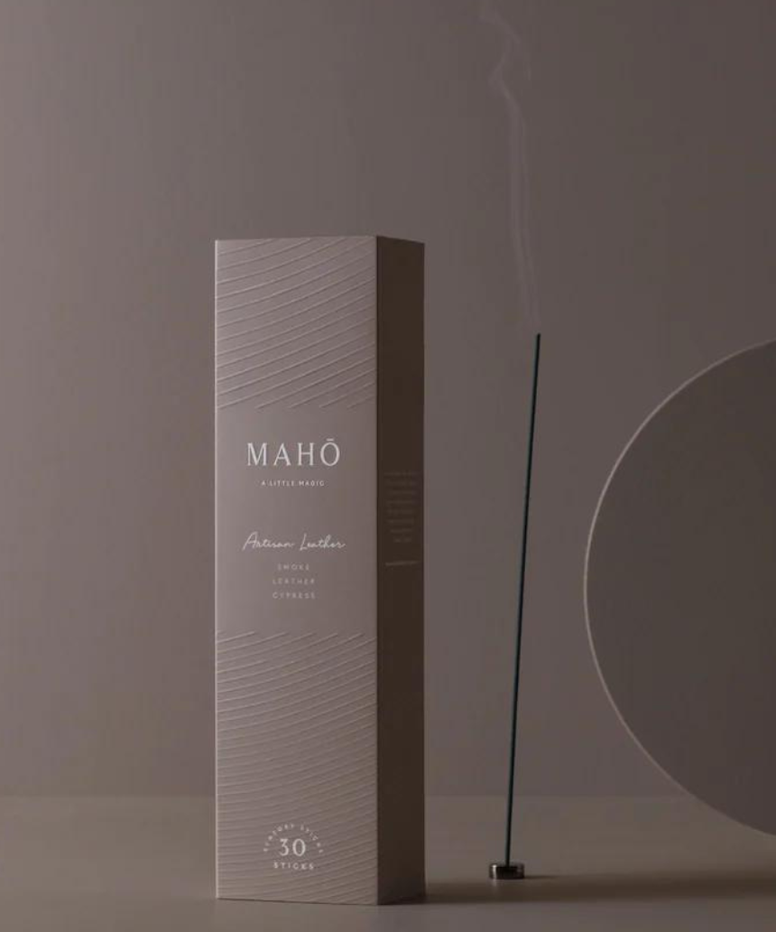 Maho artisan leather incense sticks in a decorative box, showcasing artisanal craftsmanship and natural leather scent.