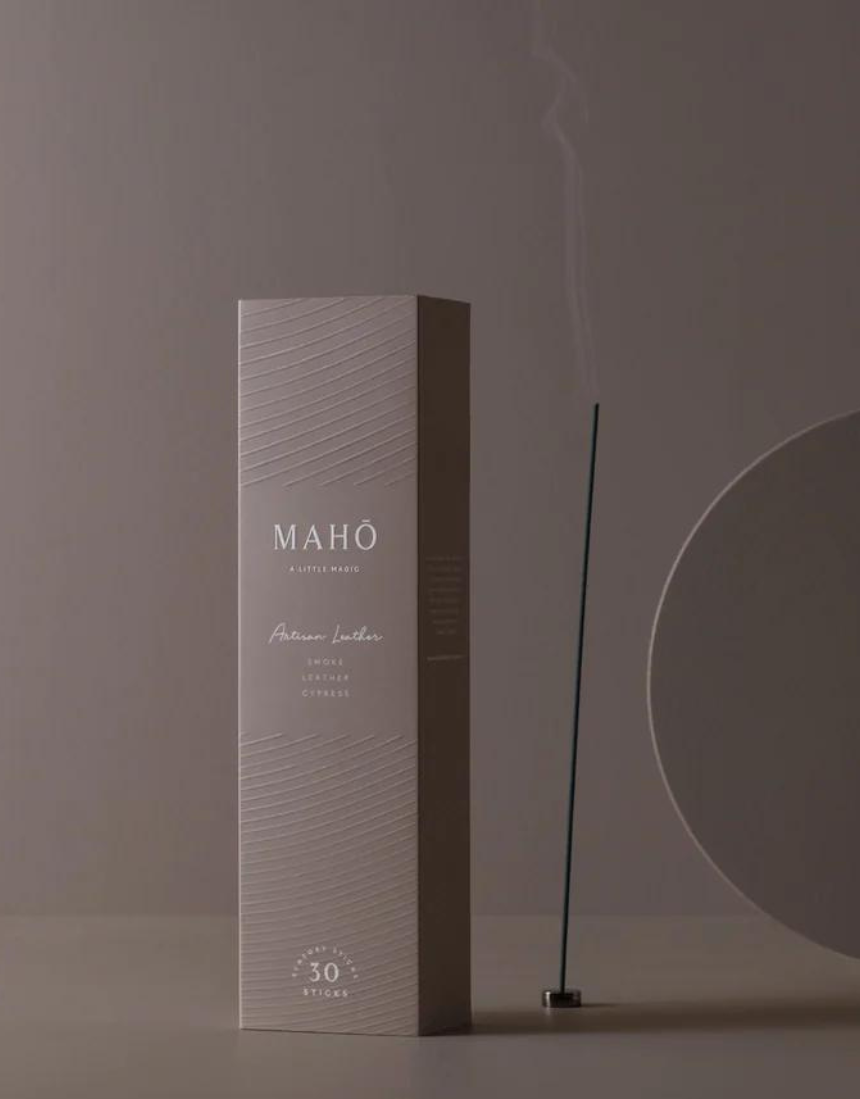 Maho artisan leather incense sticks in a decorative box, showcasing artisanal craftsmanship and natural leather scent.