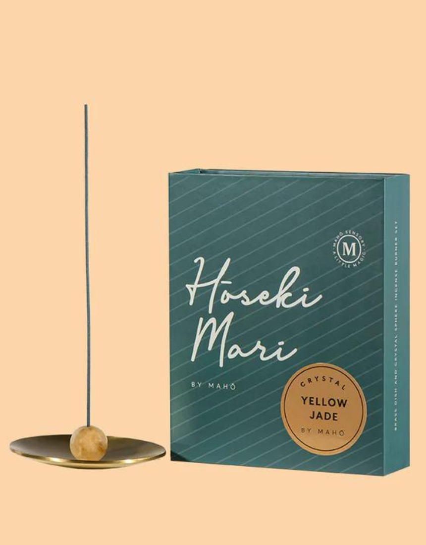 Maho Hoseki Mari yellow jade incense burner holder with intricate design and smooth finish, showcasing elegant craftsmanship.